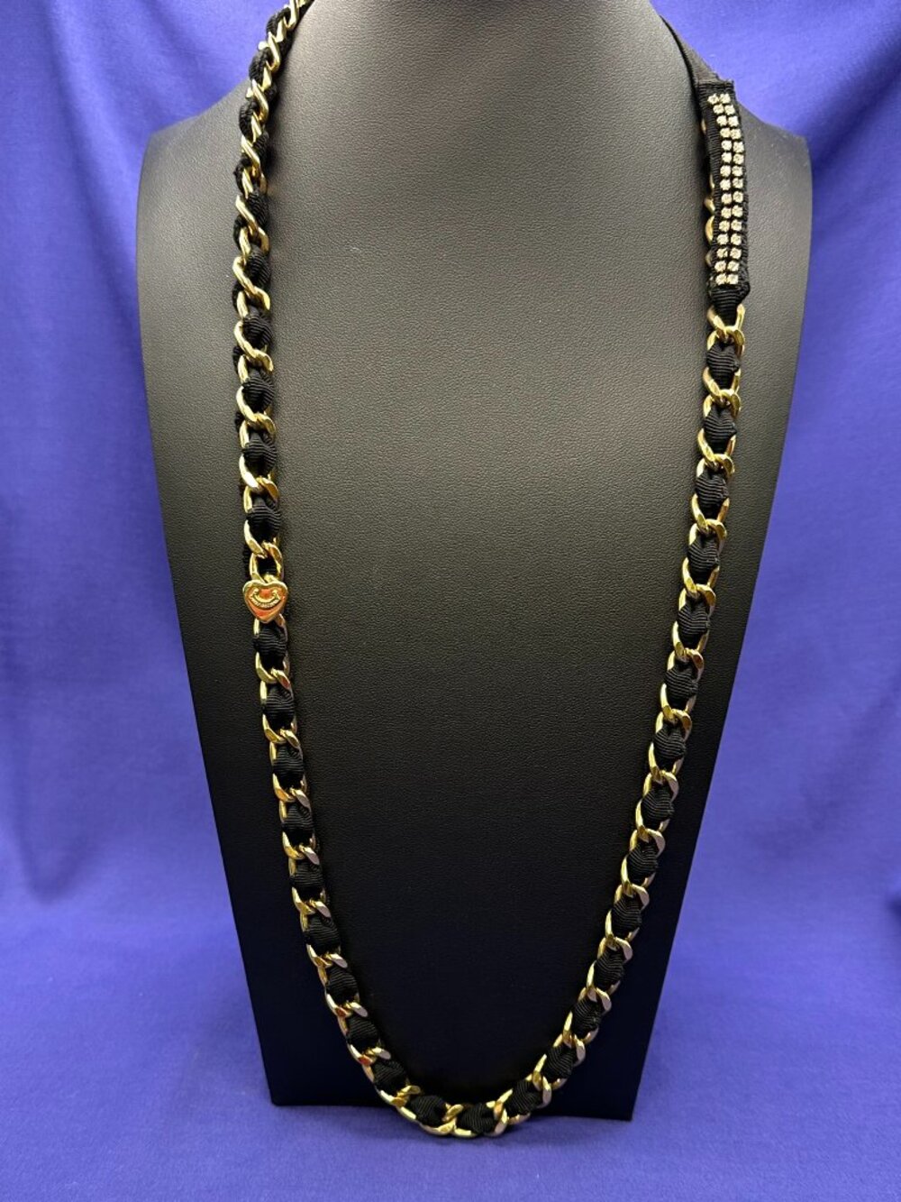 Juicy Couture Black Ribbon & Gold-Tone Chain w/Crystal Accents